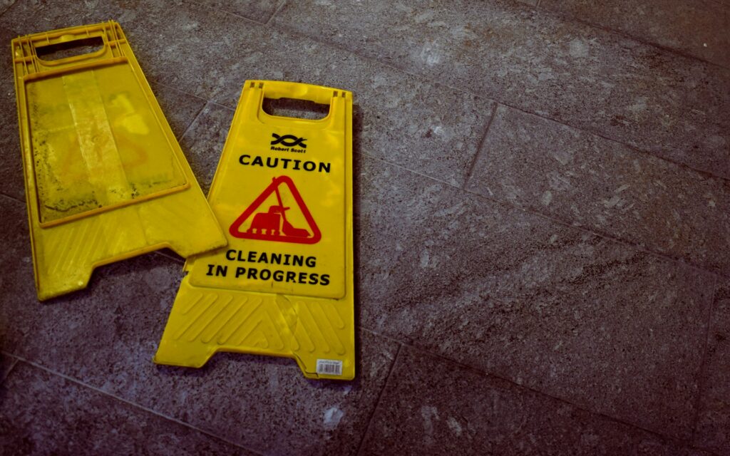 warning signs on the floor for cleaning